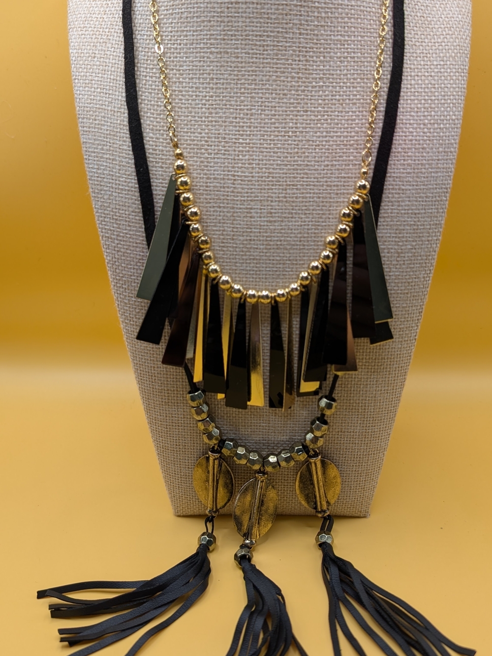 Lot of 2 Boho Statement Necklaces – Gold Fringe & Black Tassel Set